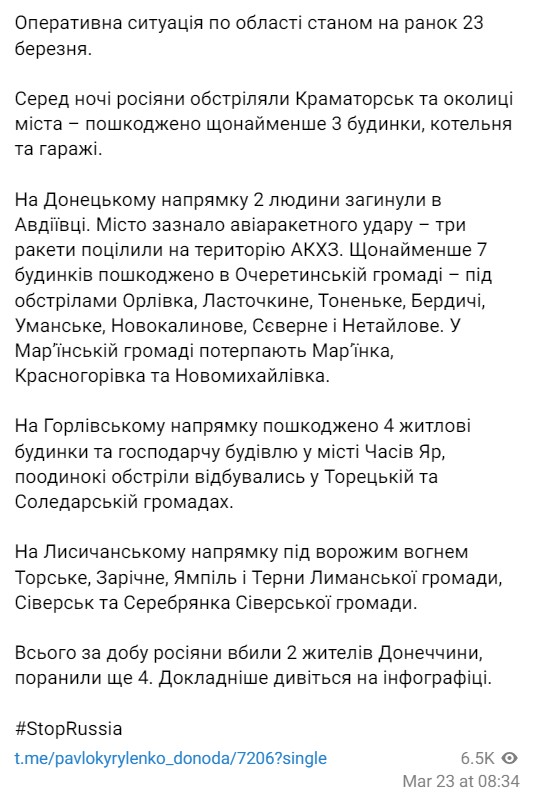 сводка об обстрелах Донецкой области от Кириленко
