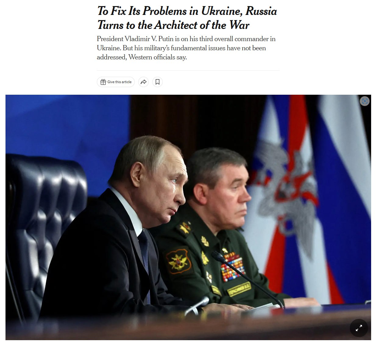 New York Times аналізує, чому Путін змінив командувача 