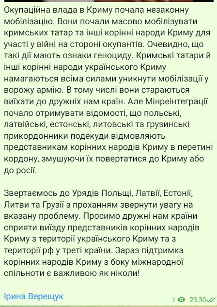 Вице-премьер Ирина Верещук сообщила о том, что бегущих от мобилизации крымских татар и представителей других коренных народов Крыма не пускают в другие страны
