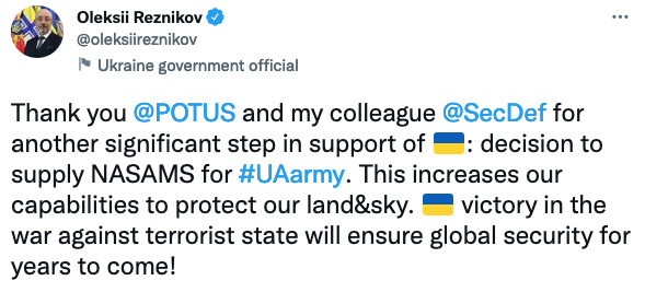 Резников поблагодарил США за предоставление нового ЗРК. Скриншот из твиттера