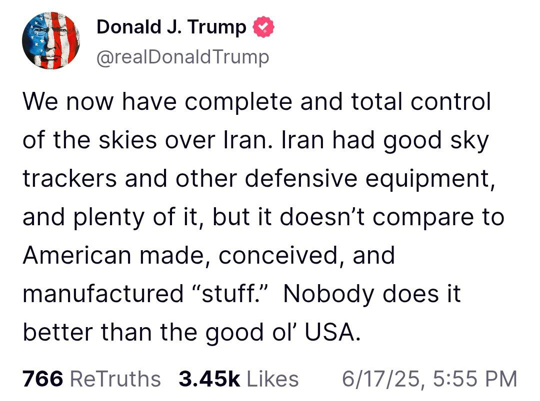 Трамп про контроль повітряного простору США у небі Ірану