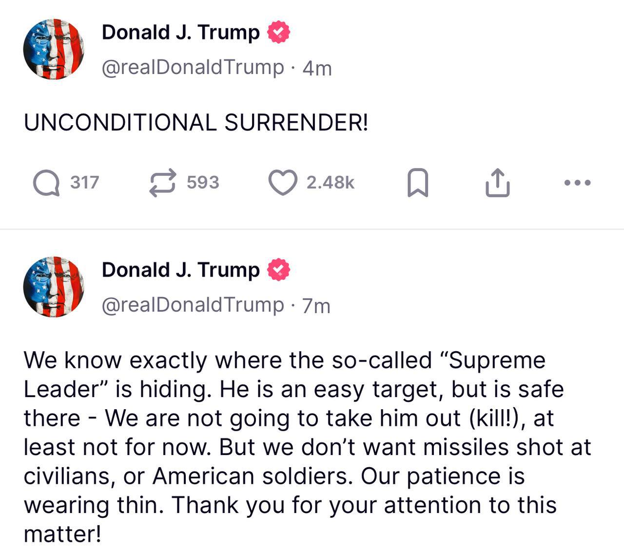 Трамп вимагає беззастережної капітуляції Ірану