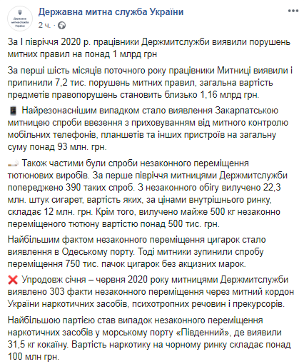 Таможенники отчитались о работе в первом полугодии. Скриншот Facebook-страницы Гостаможни