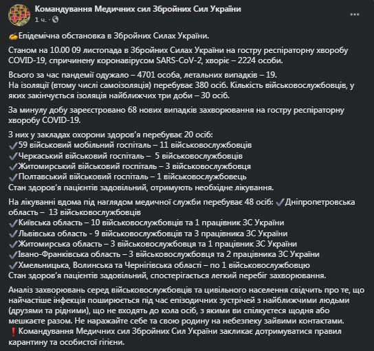 Коронавирус в ВСУ на 9 ноября. Скриншот фейбсук-поста Командования Медсил