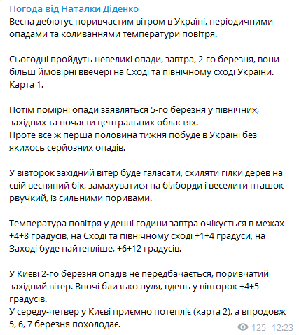 Прогноз погоды в Украине на 2 марта. Скриншот телеграм-канала Диденко