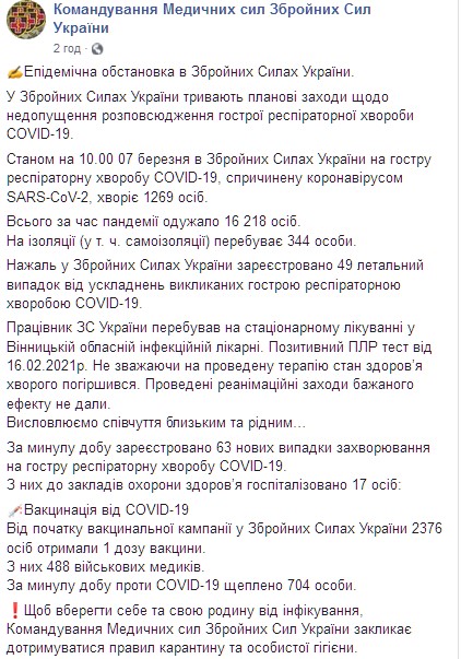 В ВСУ из-за коронавируса умер боец. Скриншот: facebook.com/Ukrmilitarymedic