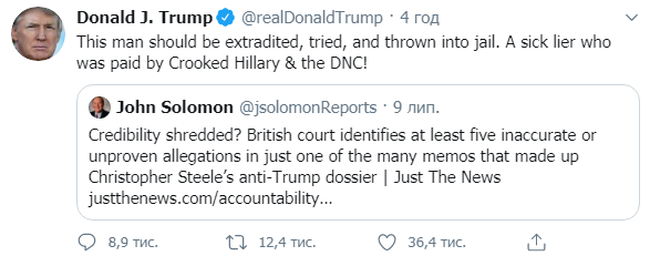 Трамп хочет посадить разведчика, который написал досье о его связях с Россией. Скриншот: Трамп в Твиттер