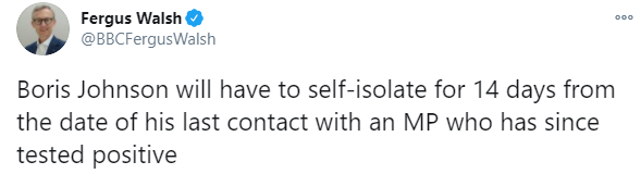 Премьер Британии Джонсон ушел на самоизоляцию. Весной он переболел Covid-19. Скриншот: Фергус Уолш в Твиттере