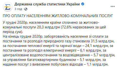 В декабре прошлого года задолженность украинцев по коммуналке выросла до 67,5 млрд гривен. Скриншот: Госстат