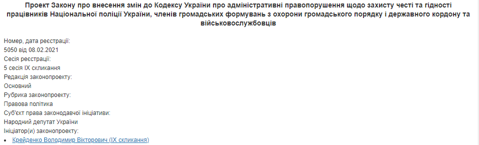 Штраф, арест или исправительные работы. Нардеп предлагает ввести ответственность за оскорбление полицейских. Скриншот: Рада