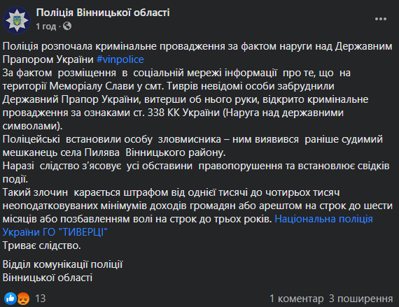 Житель Винницкой области испачкал флаг Украины, за это ему грозит три года тюрьмы. Скриншот