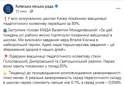 В Киеве во всех школах вакцинировано более 80% персонала