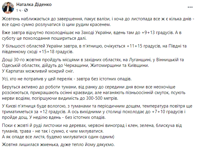 Наталья Диденко рассказала о погоде в последние дни октября. Скриншот facebook.com/tala.didenko