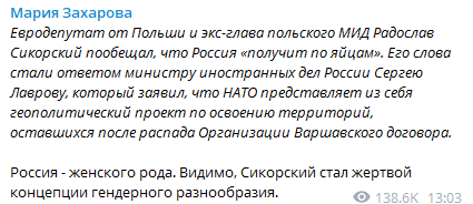 Мария Захарова прокомментировала высказывание евродепутата