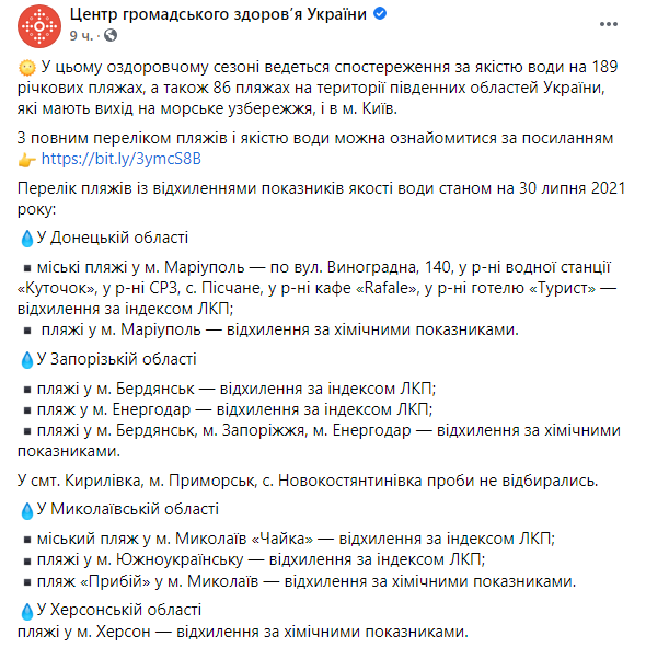 Скриншот: В Украине ведется наблюдение за качеством воды на 189 речных пляжах