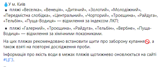 Скриншот: список пляжей с отклонениями показателей качества воды по состоянию на 30 июля 2021