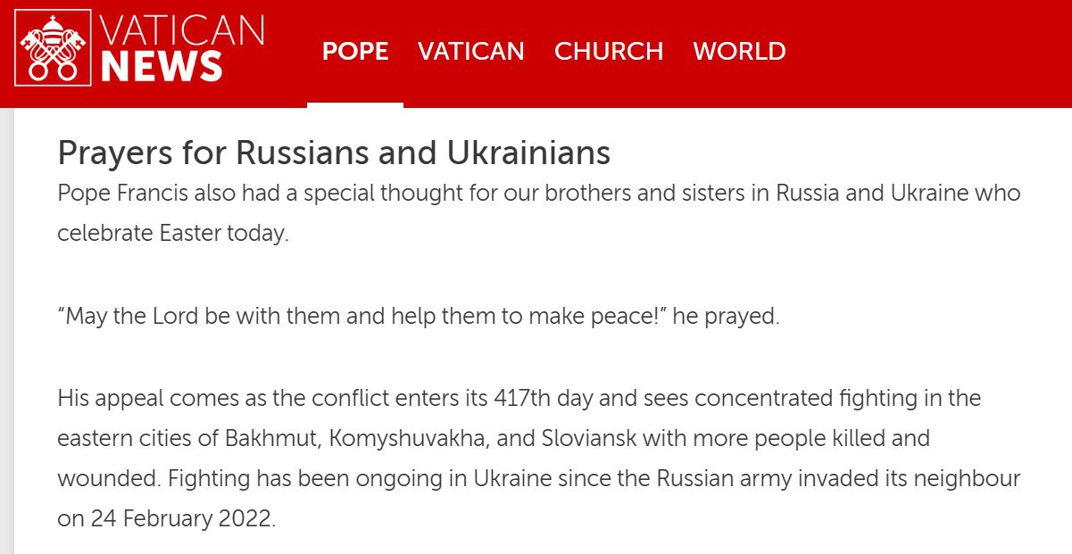 Папа римский призвал к примирению россиян и украинцев