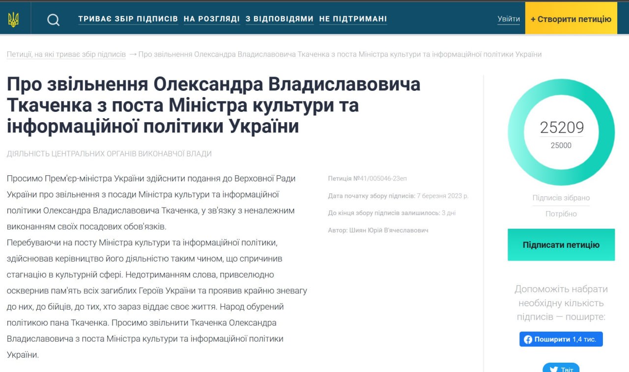 Петиция об увольнении Александра Ткаченко