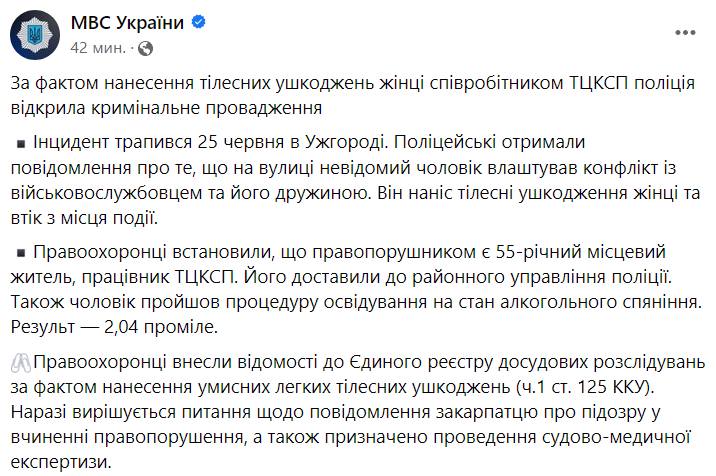 Реакция МВД на избиение жены военного военкомом в Ужгороде