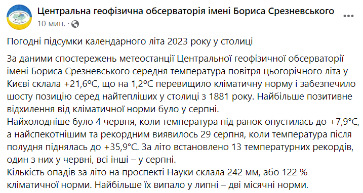 В Киеве за лето установлено 13 температурных рекордов