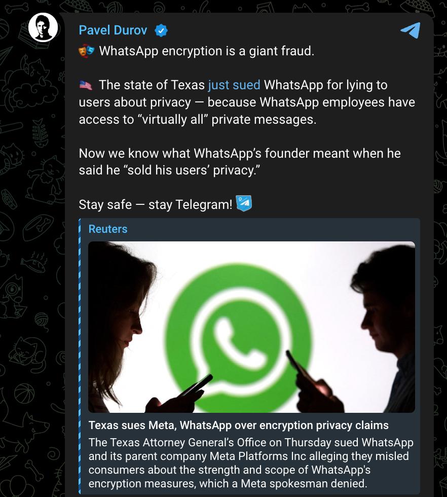 Снимок сообщения в Телеграм &ndash; Павел Дуров обвинил WhatsApp в мошенничестве