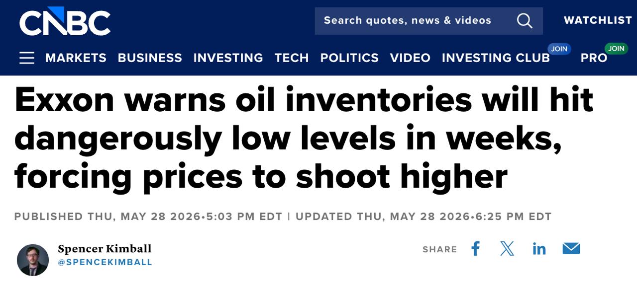 Снимок заголовка на cnbc.com &ndash; Мировые запасы нефти истощились до критического уровня из-за войны США с Ираном
