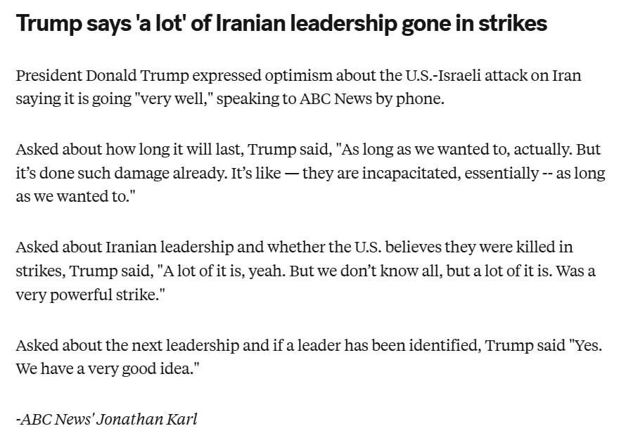 Снимок сообщения на abcnews.go.com &ndash; Трамп прокомментировал ход войны США с Ираном