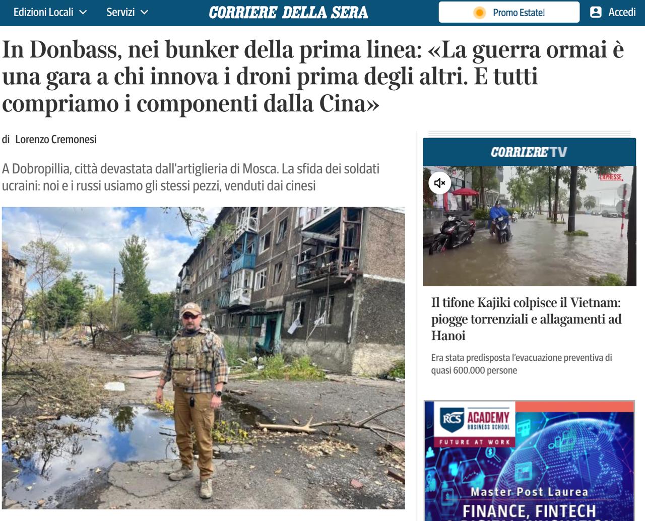 Снимок заголовка на corriere.it