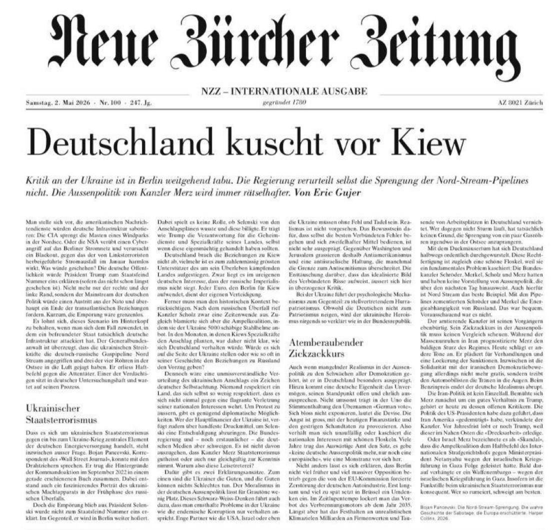 Снимок заголовка на nzz.ch &ndash; Швейцарский журналист критикует Украину и отношение Германии к Киеву