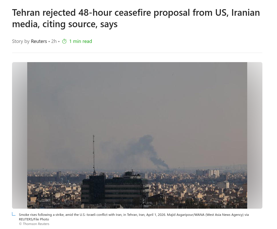 Снимок заголовка на msn.com &ndash; Иран отверг предложение США о 48-часовом прекращении огня