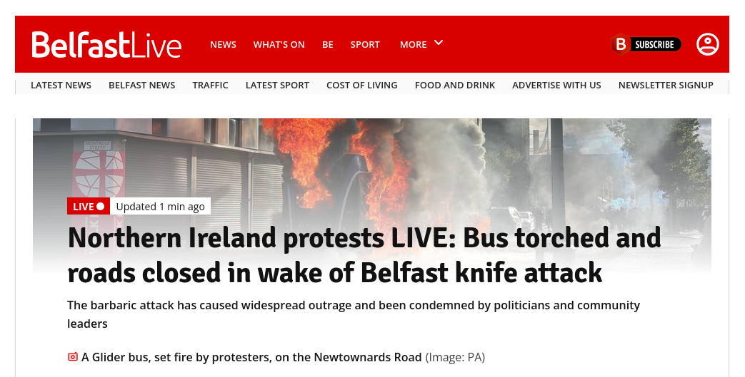 Снимок заголовка на belfastlive.co.uk – В Белфасте антимигрантские протесты после нападения мигранта из Судана