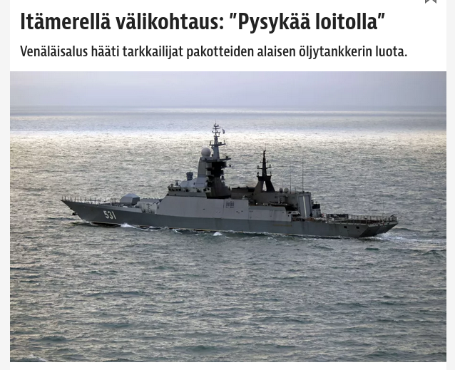 Снимок заголовка на iltalehti.fi – Военный корабль РФ столкнулся с береговой охраной ФРГ при попытке остновить подсанкционный танкер