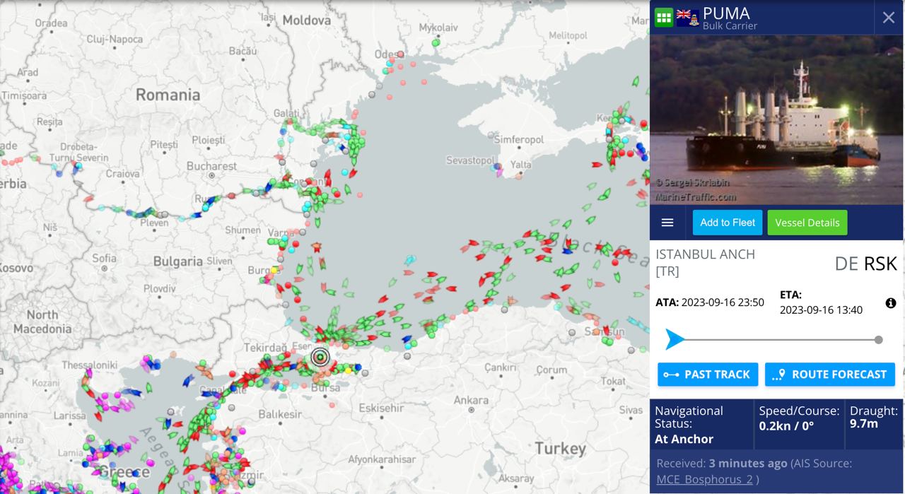 Карта переміщення суден. Джерело - Marine Traffic