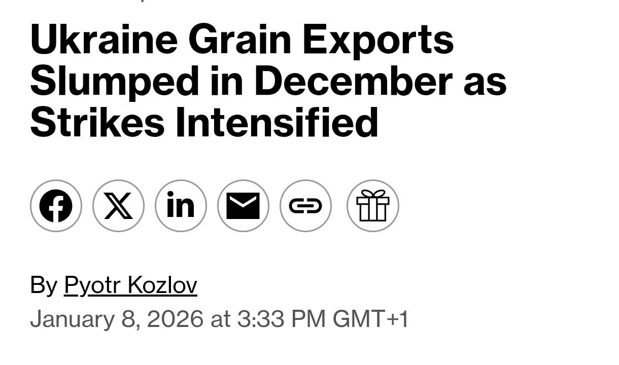 Снимок заголовка на bloomberg.com - После ударов по инфраструктуре Украина сократила экспорт пшеницы и кукурузы