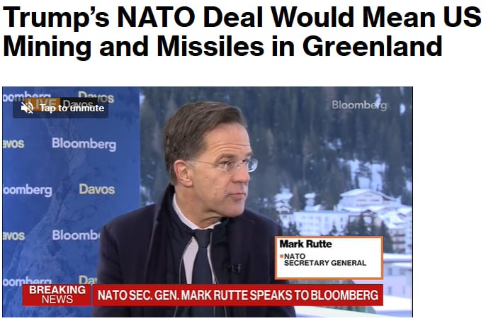 Знімок заголовка на bloomberg.com - США отримали доступ до надр Гренландії за угодою з НАТО