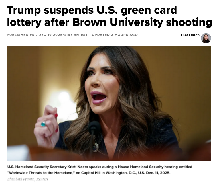 Снимок заголовка на cnbc.com - Трамп прекратил рорзыгрыш зелёных карт для въезда в США после стрельбы в университете